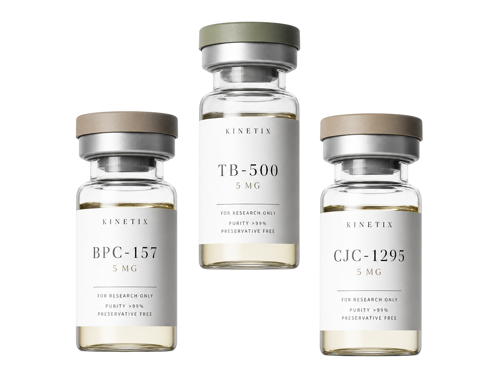 KINETIX peptide vials — BPC-157, TB-500, CJC-1295